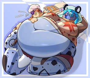 ambiguous_gender anthro belly belly_expansion belly_inflation belly_play big_belly big_breasts big_butt bloated blush blush_lines breasts butt climbing_on clothing duo expansion feederism feeding female food food_fetish huge_belly huge_breasts huge_thighs hyper hyper_belly immobile inflation male male/female navel onomatopoeia overweight overweight_anthro sound_effects squish stuffing text thick_thighs weight_gain phantomdgen felid lagomorph leporid mammal pantherine rabbit snow_leopard colored digital_drawing_(artwork) digital_media_(artwork) hi_res