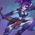 action_pose anthro armor arrow_(weapon) athletic athletic_female bow_(weapon) chest_tattoo female fur hair pose purple_hair ranged_weapon solo tail tattoo unconvincing_armor weapon white_body white_fur prisma6 felid feline mammal 1:1 hi_res