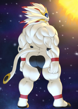 anthro anthrofied barazoku butt looking_at_viewer looking_back male mane markings muscular muscular_anthro muscular_male nude pokemorph rear_view solo space standing sun white_body white_mane hunnipanda nintendo pokemon generation_7_pokemon legendary_pokemon pokemon_(species) solgaleo hi_res
