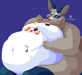 belly big_belly chopsticks food male moobs morbidly_obese obese overweight sumo sushi enkah nintendo pokemon canid canine fox generation_8_pokemon mammal nickit pokemon_(species)