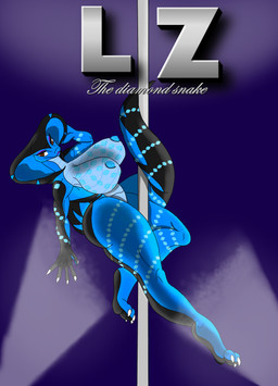 anthro big_breasts black_markings blue_body breasts brown_eyes dancing diamond_(gem) eyeshadow female fictional_magazine_cover first_person_view gem looking_at_viewer magazine makeup markings multicolored_body non-mammal_breasts nude pole pole_between_legs pole_dancing porn_magazine pornography scales simple_background smile snake_hood solo stripper_pole tail text thick_thighs wide_hips alessandrasnek elizabeth_dragon cobra elapid_(snake) king_cobra reptile scalie snake absurd_res cover digital_media_(artwork) hi_res magazine_cover