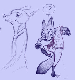 anthro clothed clothing interrobang male solo orangeandbluecream disney zootopia nick_wilde canid canine fox mammal red_fox true_fox 2016