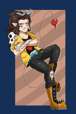 bared_teeth black_bottomwear black_clothing black_pants black_topwear bottomwear brown_hair clothed clothing female grey_horn hair horn humanoid_pointy_ears jacket looking_at_viewer narrowed_eyes pants pattern_background pointy_ears red_eyes simple_background solo striped_background tan_body tan_skin topwear torn_bottomwear torn_clothing torn_pants yellow_clothing yellow_jacket_(clothing) yellow_topwear imperatorcaesar humanoid hi_res