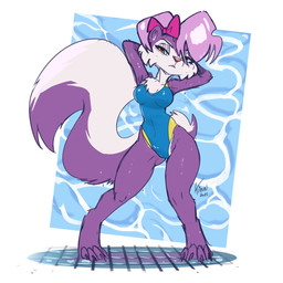 4_toes accessory anthro biped blue_clothing blue_sclera blue_swimwear bow_ribbon breasts chest_tuft clothed clothed_anthro clothed_female clothing countershade_face countershading digitigrade feet female female_anthro fluffy fluffy_tail front_view frown fur hair hair_accessory hair_bow hair_ribbon hands_behind_head looking_at_viewer medium_breasts one-piece_swimsuit orange_eyes pattern_background pose purple_body purple_fur purple_hair raised_arms ribbons short_hair simple_background solo standing swimwear tail text toes tuft white_body white_fur kiaun tiny_toon_adventures warner_brothers fifi_la_fume mammal mephitid skunk 1:1 2025 dated english_text full-length_portrait handwritten_text hi_res pinup portrait shaded signature simple_shading