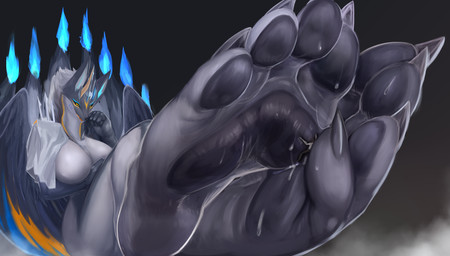 4_toes anthro black_body black_fur black_pawpads bodily_fluids breasts claws feet female fire foot_fetish foot_focus foot_play fur grey_body grey_fur humanoid_feet macro micro nails pawpads paws plantigrade soles solo sweat sweaty_feet sweaty_paws tail toes yellow_eyes solutionwcs canid canine fox mammal hi_res