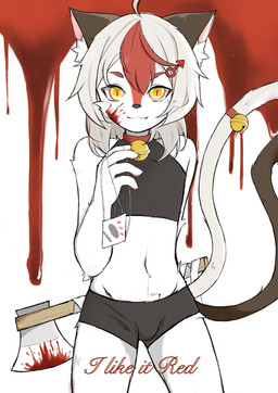 anthro axe bell bell_collar blood blood_on_axe blood_on_face bodily_fluids collar hair holding_axe holding_object kemono looking_at_viewer male red_collar red_hair smile solo tan_hair yellow_eyes nekomiyatasuku domestic_cat felid feline felis mammal 2019 hi_res