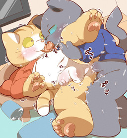 anal anal_penetration anthro anthro_on_anthro anthro_penetrated anthro_penetrating anthro_penetrating_anthro balls blue_clothing blue_hoodie blue_topwear blush bodily_fluids bottomless bottomless_male clothed clothing dripping duo erection eye_contact fangs foreskin french_kissing furniture genital_fluids genitals half-closed_eyes hoodie kissing kissing_while_penetrated kissing_while_penetrating looking_at_another looking_at_partner male male/male male_penetrated male_penetrating male_penetrating_male narrowed_eyes navel open_clothing open_mouth open_shirt open_topwear pawpads penetration penile penile_penetration penis penis_in_ass precum precum_drip sex shaking shirt surprised table tail teeth text tight_foreskin tongue tongue_out topwear trembling yellow_sclera yuuyuu mythology working_buddies! kuehiko_roshihara tapio_chatarozawa domestic_cat felid feline felis mammal 2026 hi_res japanese_description japanese_text