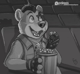 anthro clothed clothing fangs food glistening glistening_eyes gloves hair handwear logo looking_up male male_anthro movie_theater open_mouth open_smile patreon_logo popcorn short_hair sitting smile solo teeth tongue topwear vest pandapaco patreon bear mammal artist_logo monochrome signature