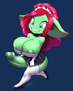 big_breasts breasts clothing dress footwear genitals gloves green_penis gynomorph gynomorph_humanoid handwear headdress huge_breasts intersex intersex_humanoid legwear maid_uniform penis shocked shoes shortstack shortstack_gynomorph shortstack_intersex simple_background solo stockings transparent_background uniform furball goblin humanoid 2025 4:5 alpha_channel digital_media_(artwork) hi_res