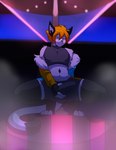 anthro bottomwear bulge bulge_fondling clothed clothing crop_top dancing detailed_bulge diamonds_(suit) dipstick_tail felid feline felis fog fur fur_trim_(clothing) genital_outline gloves_(marking) hair hi_res jacket leg_markings light lights looking_at_viewer male mammal markings multicolored_tail munkeesgomu off_shoulder orange_hair penis_outline pole pole_dancing presenting quinn_ink shirt shorts sleeveless smile socks_(marking) solo spread_legs spreading stage stage_lights suit_symbol tail tail_markings topwear white_body white_fur