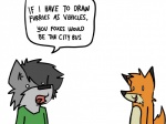 anthro dialogue duo fur grey_body grey_fur grey_hair hair humor joke male orange_body orange_fur tail text arrwulf canid canine canis fox mammal wolf 4:3 english_text