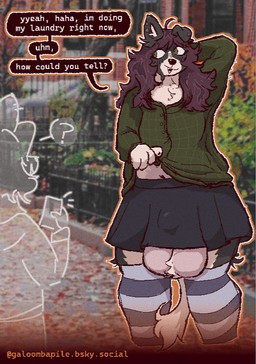 blush bottomwear breasts bulge bulge_under_clothes clothed clothing clothing_lift duo ear_piercing ear_tuft embarrassed floppy_ears fluffy gynomorph hand_behind_head inner_ear_fluff intersex legwear looking_away piercing public raised_bottomwear raised_clothing raised_skirt skirt skirt_lift small_breasts speech_bubble standing sweater text thick_thighs thigh_highs topwear tuft wardrobe_malfunction galoombapile canid canine mammal hi_res
