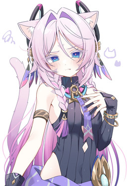 accessory animal_ears bare_shoulders black_clothing black_shirt black_topwear blue_eyes blush bracelet braided_hair breasts clothing colored_nails fangs female fluffy_ears frustrated glistening glistening_hair hair hair_between_eyes half-closed_eyes humanoidized jewelry long_hair nails narrowed_eyes necktie pink_hair purple_nails raised_tail shirt simple_background sleeveless_shirt small_breasts solo tail teeth topwear white_background hataraku73 genshin_impact mihoyo citlali_(genshin_impact) animal_humanoid cat_humanoid felid felid_humanoid feline feline_humanoid humanoid mammal mammal_humanoid hi_res