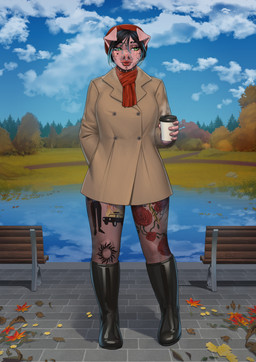 anthro autumn beret beverage black_hair boots clothing coat coffee ear_piercing facial_piercing facial_tattoo female footwear green_eyes hair hat headgear headwear knee_boots knee_highs leaves_on_ground leg_tattoo legwear lip_piercing lipstick makeup multiple_piercings nose_piercing nylon nylon_stockings piercing scarf shoes solo stockings tattoo topwear pewas domestic_pig mammal suid suine sus_(pig) hi_res