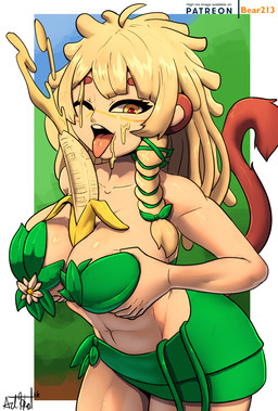 abs ambiguous_fluids banana big_breasts blonde_hair breast_play breasts cleavage clothed clothing curvy_figure dripping eyelashes female flower food food_fetish food_play fruit glistening glistening_body hair leaf long_hair looking_at_viewer monkey_tail navel one_eye_closed open_mouth outside plant sex skimpy solo suggestive suggestive_fluid suggestive_food titfuck bear213 vtuber banana_juju animal_humanoid haplorhine humanoid mammal mammal_humanoid monkey monkey_humanoid primate primate_humanoid hi_res