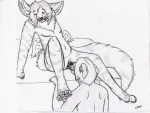4_toes andromorph andromorph/male anthro bed canid canine canis claws cunnilingus domestic_dog duo eyes_closed feathered_wings feathers feet fennec_fox fox furniture genitals hindpaw inframammary_scar intersex intersex/male isil isil_(character) kneeling line_art male mammal mastectomy_scar monochrome oral paws pussy scar sex sitting tail toes true_fox vaginal visibly_trans wings