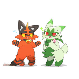 ambiguous_gender anthro biped black_body black_fur clapping duo feral fur green_body green_fur on_hind_legs quadruped red_body red_eyes red_fur simple_background smile white_background yellow_sclera tontaro nintendo pokemon floragato generation_7_pokemon generation_9_pokemon pokemon_(species) torracat 1:1 2d_animation animated animated_gif short_playtime