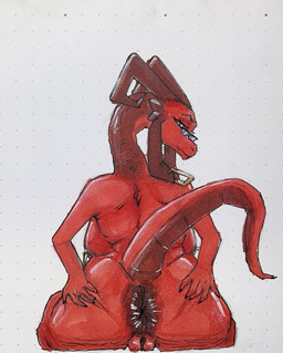 anthro breasts butt cellulite eyewear female genitals glasses nipple_piercing nipples piercing red_body red_skin solo spread_butt spread_vulva spreading vulva ppmp mythology eudia_(pepperuranus) dragon mythological_creature mythological_scalie scalie hi_res traditional_media_(artwork)