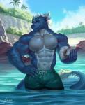 2017 abs akuro anthro biceps big_biceps big_muscles big_pecs big_tail blue_body blue_scales blue_skin blue_tail bottomwear bulge claws clothed clothing clothing_cord cloud countershading detailed detailed_background dragon drawstring eyewear eyewear_on_head front_view glasses glasses_on_head hair hand_on_hip hand_on_own_hip hi_res holding_hips holding_object holding_seashell holding_shell horn huge_muscles huge_tail island kemono legs_in_water long_tail looking_at_viewer male manly multicolored_body multicolored_skin muscular muscular_anthro muscular_arms muscular_legs muscular_male mythological_creature mythological_scalie mythology navel outside palm_tree partially_submerged pecs plant portrait pose raccoon21 realistic_lighting realistic_shading red_eyes rock scales scalie sea seashell shell shorts signature sky smile snout solo standing string_bow submerged_legs submerged_tail tail tail_in_water tail_out_of_water tail_tuft teal_bottomwear teal_clothing thick_tail thick_thighs three-quarter_portrait tied_drawstring tied_string topless tree tuft two_tone_body two_tone_skin water wet white_body white_claws white_countershading white_hair white_horn white_skin