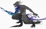 bottomwear clothing crouching fangs horn loincloth male melee_weapon navel solo sword tail teeth weapon neltruin mythology dragon mythological_creature mythological_scalie scalie 2013