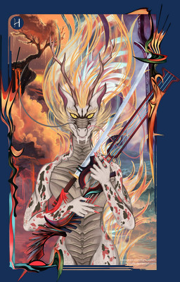 abstract_background anthro art_nouveau biceps electric_guitar fangs fantasy female fire flaming_hair guitar hair horn katana looking_at_viewer magic melee_weapon muscular musical_instrument plucked_string_instrument pose pseudo_hair solo string_instrument surrealism sword tan_body teeth text weapon yellow_eyes hynvale asian_mythology east_asian_mythology mythology iavyaling_xi_mauryl dragon eastern_dragon mythological_creature mythological_scalie scalie alpha_channel hi_res pinup url