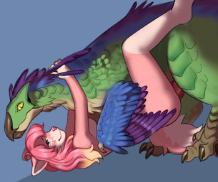 anthro anthro_on_feral anthro_penetrated arch_position bestiality blue_body blue_feathers breasts butt duo erection feathered_wings feathers female female_on_feral female_penetrated feral feral_penetrating feral_penetrating_anthro from_front_position fur genitals green_body green_scales male male/female male_penetrating male_penetrating_female penetration penis pink_body pink_fur pupils purple_body purple_feathers scales sex slit_pupils wings gnolub capcom monster_hunter bird_wyvern domestic_cat felid feline felis mammal seikret hi_res
