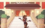 anthro bottomwear brown_hair clothing female fishnet_clothing gloves hair handwear hotel jacket railing shorts solo stairs topwear voreburger zoo_52 helena_(bonk6) hyena mammal spotted_hyena hi_res