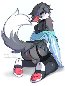 anthro anus backsack balls bangs black_clothing black_legwear black_stockings blue_eyes blush blush_lines body_blush butt butt_blush cheek_tuft clothed clothing crop_top crossdressing dipstick_tail ears_down facial_tuft femboy fur genitals grey_body grey_fur hair kneeling legwear logo looking_at_viewer looking_back looking_back_at_viewer male markings pawpads paws pivoted_ears red_pawpads shirt short_hair simple_background solo stockings tail tail_markings text topwear tuft white_background white_body white_fur mikosi frost_(vortiger) domestic_cat felid feline felis mammal 2026 artist_logo artist_name colored digital_drawing_(artwork) digital_media_(artwork) english_text hi_res shaded url