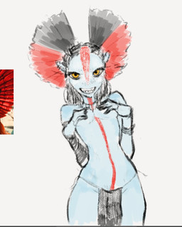 blue_body blue_ears bottomwear breasts clothed clothing female female_humanoid fingers front_view hair headdress loincloth looking_at_viewer naughty_face pose simple_background slim small_breasts small_waist smile solo topless topless_female topless_humanoid white_background yellow_eyes gurumo james_cameron's_avatar varang_(james_cameron's_avatar) alien alien_humanoid humanoid na'vi 2025 digital_drawing_(artwork) digital_media_(artwork) hi_res pinup portrait reference_image sketch three-quarter_portrait