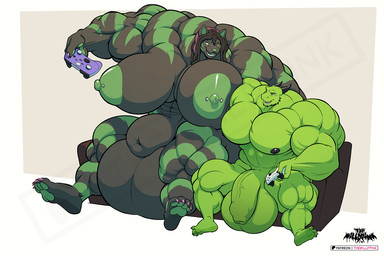 anthro balls big_balls big_breasts big_muscles big_penis breasts controller duo furniture game_controller genitals gynomorph huge_balls huge_breasts huge_muscles huge_penis hyper hyper_balls hyper_breasts hyper_genitalia hyper_muscles hyper_penis intersex intersex/male male muscular muscular_anthro muscular_intersex muscular_male nipple_piercing nipples penis piercing sofa thewilldpink syrl 3:2 watermark