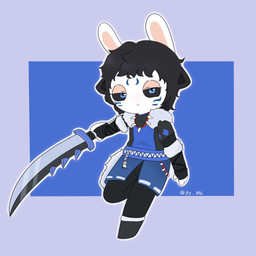 3_fingers anthro armwear bent_leg black_armwear black_boots black_bottomwear black_clothing black_elbow_gloves black_footwear black_gloves black_hair black_handwear black_pants black_sclera blue_clothing blue_eyes blue_markings blue_sash blue_shirt blue_topwear boots bottomwear cheek_markings closed_frown clothed clothed_anthro clothed_female clothing elbow_gloves eyelashes eyewear facial_markings female female_anthro fingers flat_chested footwear frown frowning_at_viewer fully_clothed fully_clothed_anthro fully_clothed_female fur_trim_(clothing) gloves grey_outline hair handwear head_markings holding_melee_weapon holding_object holding_sword holding_weapon jewelry light long_ears looking_at_viewer markings medium_hair melee_weapon mouth_closed necklace noseless outline pants pose pupils purple_background rectangle right-handed shirt shoes simple_background slit_pupils solo sword tan_eyelids tan_inner_ear text topwear weapon peypey_mei1925 raving_rabbids rayman_(series) ubisoft fan_character lagomorph mammal rabbid 1:1 2024 artist_name colored digital_drawing_(artwork) digital_media_(artwork) english_description full-length_portrait hi_res lighting portrait shaded