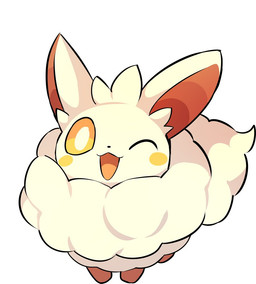 :3 ambiguous_gender feral front_view fur looking_at_viewer one_eye_closed open_:3 open_mouth quadruped simple_background white_background white_body white_fur wink winking_at_viewer rtari palworld pocketpair cremis pal_(species)