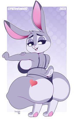 anthro big_breasts big_butt bra breasts butt camel_toe clothed clothing crouching female fingers fur grey_body grey_fur half-closed_eyes heart_symbol huge_breasts huge_butt huge_hips huge_thighs long_ears looking_back narrowed_eyes panties pawpads scut_tail short_tail shortstack shortstack_female solo tail text thick_thighs thong underwear wide_hips pkfirefawx disney zootopia judy_hopps lagomorph leporid mammal rabbit 2025 absurd_res artist_name dated hi_res signature