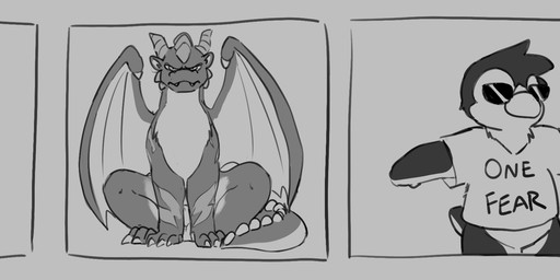 3_toes animal_genitalia anthro back_wings balls beak black_text bottomless bottomless_anthro bottomless_male claws clothed clothing duo eyewear feathers feet feral fully_sheathed genitals horn male membrane_(anatomy) membranous_wings mouth_closed semi-anthro sheath shirt shirt_only short_tail sitting snout spread_arms standing sunglasses t-shirt tail tapering_tail text text_on_clothing text_on_shirt text_on_topwear toes topwear topwear_only wings miau european_mythology mythology no_fear_one_fear levi_(miau) magni_(miau) avian bird dragon mythological_creature mythological_scalie penguin scalie western_dragon 2025 comic english_text greyscale hi_res monochrome