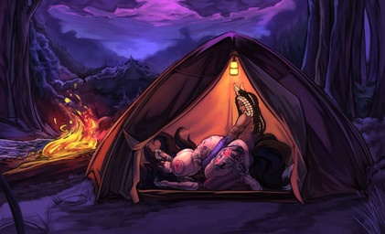 ambiguous_penetration arm_tattoo back_scar belly_tattoo big_breasts black_body black_fur black_hair black_lipstick blue_eyes bodily_fluids breast_tattoo breasts brown_eyes butt butt_tattoo campfire camping camping_tent chest_scar chest_tattoo dark_body detailed_background dipstick_ears dipstick_tail dreadlocks duo ear_markings erect_nipples eye_contact facial_markings facial_piercing facial_scar female female_penetrated femboy fire from_front_position fur hair head_markings lamp lantern lipstick looking_at_another lying makeup male male/female male_penetrating male_penetrating_female markings missionary_position multi_tail multicolored_ears multicolored_hair night nipples nude on_back penetration penile piercing pink_nipples plant pregnant pregnant_female pregnant_sex river scar sex sleeping_bag sweat tail tail_markings tattoo tree two_tone_hair yellow_eyes walkinho corruption_of_champions_2 randal_otomo yuriko_getsumi animal_humanoid canid canid_humanoid canine canine_humanoid fox fox_humanoid humanoid mammal mammal_humanoid absurd_res digital_media_(artwork) hi_res huge_filesize
