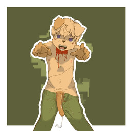 5_fingers anthro areola balls bangs big_penis biped black_claws black_nose blood blush blush_lines bodily_fluids border bottomwear brown_arms brown_balls brown_body brown_fur brown_hands brown_penis button_(fastener) claws clothed clothed_anthro clothed_male clothing drooling finger_claws fingers flaccid floppy_ears front_view fur genital_fluids genitals green_background green_bottomwear green_clothing green_pants hair holidays humanoid_genitalia humanoid_hands humanoid_penis kemono long_penis looking_at_viewer male male_anthro multicolored_body multicolored_fur navel nipples no_pupils no_underwear open_bottomwear open_clothing open_mouth open_pants outline outside_border pants partially_clothed partially_clothed_anthro partially_clothed_male penis pink_areola pink_tongue pose precum precum_on_clothing precum_string purple_eyes saliva sharp_teeth short_hair simple_background slim slim_anthro slim_male small_but_hung solo standing surgical_suture tan_body tan_fur tan_hair teeth tongue topless topless_anthro topless_male two_tone_body two_tone_fur unbuttoned_pants vein veiny_penis wet wet_bottomwear wet_clothing wet_pants white_border white_outline white_sclera young young_anthro young_male zivnny_(artist) halloween zivnny_(character) canid canine mammal undead zombie 1:1 hi_res portrait three-quarter_portrait