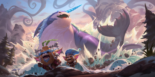 ambiguous_gender anthro blue_hair bone bone_accessory brown_body brown_fur day destruction extreme_size_difference fur grass group hair horn macro male mountain open_mouth outside plant running size_difference skull smile snow surprised tail tree arif_wijaya league_of_legends legends_of_runeterra riot_games tencent aquatic yordle 2022 2:1 absurd_res digital_media_(artwork) hi_res official_art