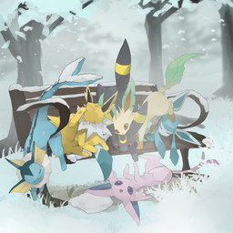 ambiguous_gender bench blue_body brown_eyes eyes_closed featureless_crotch feral forehead_gem fur gem grass grey_body group lying on_back pawpads paws plant purple_body purple_eyes purple_fur red_sclera scratching sleeping snow standing_on_another tail tan_body tan_fur tongue tongue_out tree winter yellow_body yellow_fur fishburi nintendo pokemon eeveelution espeon generation_1_pokemon generation_2_pokemon generation_4_pokemon glaceon jolteon leafeon pokemon_(species) umbreon vaporeon 1:1 2026 absurd_res hi_res