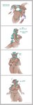 areola big_breasts blush breast_expansion breasts clothing dark_body dark_skin dialogue disembodied_hand duo expansion eyes_closed female genitals hair humanoid_pointy_ears humanoid_to_anthro markings mid_transformation navel nipples open_mouth pussy simple_background solo_focus teal_eyes teal_hair text torn_clothing transformation transformation_sequence white_background strawberrytfs lyn_(z-ray) elf humanoid 2019 english_text hi_res