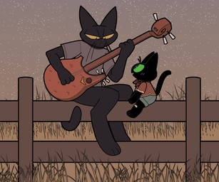 anthro band-aid bandage black_body black_fur blush bottomless bottomwear clothed clothing denim denim_bottomwear denim_clothing digitigrade duo dusk fence fully_clothed fur grass green_eyes grey_clothing grey_shirt grey_topwear jeans male musical_instrument night on_fence outside pants paws plant plucked_string_instrument shirt shorts sitting string_instrument t-shirt toony topwear whiskers yellow_eyes young young_male skyrimdos cartoon_network mao_mao:_heroes_of_pure_heart sheriff_mao_mao_mao shin_mao domestic_cat felid feline felis mammal hi_res father_(lore) father_and_child_(lore) father_and_son_(lore) parent_(lore) parent_and_child_(lore) parent_and_son_(lore) son_(lore)