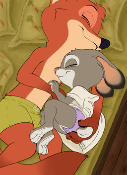 adult_on_toddler adult_on_young age_difference aged_down anthro bed bodily_fluids bottomwear bulge clothed clothing dress duo erection erection_under_clothing eyes_closed feet female fingers fur furniture genital_fluids grey_body grey_fur lying male male/female older_male on_bed on_side panties plantigrade precum precum_on_clothing raised_clothing raised_dress shorts size_difference sleeping smile tail tail_grab toddler toes topless topless_anthro topless_male underwear young young_anthro young_female younger_female hareluca disney zootopia judy_hopps nick_wilde canid canine european_rabbit fox lagomorph leporid mammal oryctolagus rabbit red_fox true_fox absurd_res digital_media_(artwork) hi_res