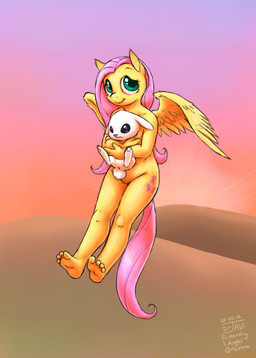 ambiguous_gender anthro anthrofied cutie_mark desert duo feathered_wings feathers feet female feral flying green_eyes hair hindpaw humanoid_feet nude outside paws plantigrade sky smile sun wings yellow_body yellow_feathers drjavi friendship_is_magic hasbro my_little_pony mythology angel_(mlp) fluttershy_(mlp) equid equine lagomorph leporid mammal mythological_creature mythological_equine pegasus rabbit 2013 full-length_portrait portrait