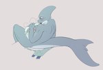 anthro blush bodily_fluids clothing cum cum_in_clothing cum_in_diaper diaper genital_fluids male open_diaper rear_view sitting solo unclean_diaper steelshark steel_(steelshark) fish marine shark hi_res