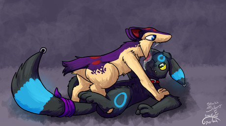 blue_eyes bodily_fluids countershading drooling feral feral_pred feral_prey imminent_vore licking male male_pred male_prey markings mottled mottled_body paws purple_body quadruped red_markings saliva same_size_vore tan_body tongue vore gyrotech silent_e nintendo pokemon blitz_(gyro) ebony_the_umbreon fan_character eeveelution generation_2_pokemon pokemon_(species) quilava shiny_pokemon umbreon