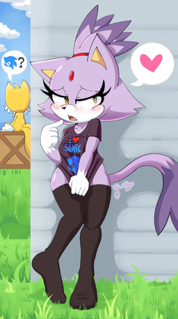 anthro blush blushing_profusely clothing fangs female hair heart_symbol legwear lidded_eyes logo logo_on_clothing male outside oversized_clothing oversized_shirt oversized_topwear ponytail princess pulling_shirt_down royalty shirt simple_background stockings teeth text text_on_clothing text_on_shirt text_on_topwear topwear yellow_eyes flaresg_art sega sonic_the_hedgehog_(series) blaze_the_cat miles_prower canid canine domestic_cat felid feline felis fox mammal hi_res