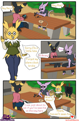 anthro bench black_body black_fur bullet clothed clothing detailed_background eyewear female fur glasses group gun handgun male on_bench purple_body purple_fur ranged_weapon red_sclera revolver sitting sitting_on_bench sunglasses tail text trio weapon yellow_body yellow_fur beta1m nintendo pokemon eeveelution espeon generation_1_pokemon generation_2_pokemon jolteon pokemon_(species) umbreon absurd_res comic digital_media_(artwork) english_text hi_res krita_(artwork) url