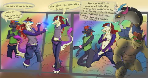 anthro balls barefoot bioluminescence bottomless clothed clothing dialogue dreadlocks dripping drugged drugs erection feet flaccid forced foreskin genitals glowing group humanoid_genitalia humanoid_penis male male/male orange_eyes partially_retracted_foreskin penis purple_clothing rape rave red_eyes sex shy substance_intoxication tail text thick_penis sarovak friendship_is_magic hasbro mario_bros my_little_pony nintendo bowser discord_(mlp) chimera draconequus koopa mammal scalie sergal unknown_species comic crossover english_text hi_res