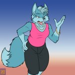 anthro bracelet clothing dipstick_tail female fur gloves_(marking) gradient_background green_body green_fur hair jewelry markings open_mouth shirt simple_background solo tail tail_markings tank_top teal_hair teal_nose topwear foxenawolf canid canine canis mammal wolf 1:1