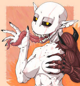 abs athletic athletic_female bald bite_mark black_nails black_sclera bodily_fluids breast_grab breasts claws colored_nails eye_scar facial_scar female glowing glowing_eyes hand_on_breast heart_pupils licking licking_lips medium_breasts nails narrowed_eyes nipples not_furry notched_ear open_mouth orange_eyes pointy_ears prick_ears saliva saliva_string scar scars_all_over sharp_nails simple_background solo spikes spikes_(anatomy) teeth tongue tongue_out tongue_wrap white_body white_skin roodyyelen mor_(roodyyelen) demon demon_humanoid humanoid 2025 digital_drawing_(artwork) digital_media_(artwork) hi_res