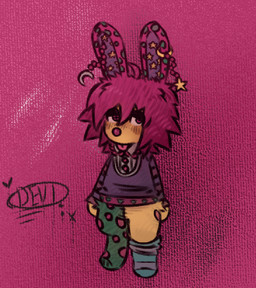anthro beaded_jewelry beads blush blush_lines clothing clown_nose ear_piercing female fur green_body green_fur hair hip_tuft jewelry legwear looking_at_viewer markings multicolored_clothing multicolored_shirt multicolored_topwear pattern_clothing pattern_legwear pattern_stockings piercing pink_hair purple_clothing purple_shirt purple_topwear shirt simple_background solo spiky_hair spots spotted_body spotted_ears spotted_fur spotted_legs standing star_(marking) stitch_(sewing) stockings striped_clothing striped_legwear striped_stockings stripes tongue tongue_out topwear tuft yellow_body yellow_fur devinci stomach_book caroline_(stomach_book) lagomorph leporid mammal rabbit